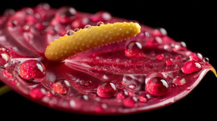 Close-up of a vibrant red Anthurium flower with water droplets on petals, showcasing natural beauty and texture detail
