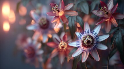 Exotic Passion Flower Blooming Brightly with Colorful Petals and Intricate Details in a Softly Lit Background
