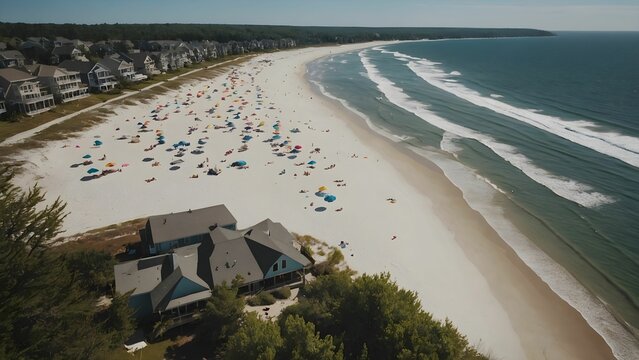 Vibrant summer beach day with crowds enjoying sun and surf along a picturesque coastline under clear skies Generative AI