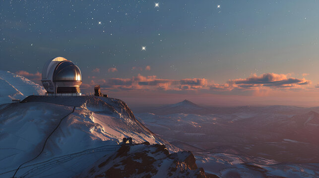 A telescope observatory on a snowy mountain peak under a starry sky at dusk with clouds and distant mountains