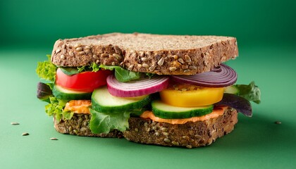 colorful sandwich with fresh vegetables and whole grain bread on a vibrant green backdrop creating an appetizing visual feast
