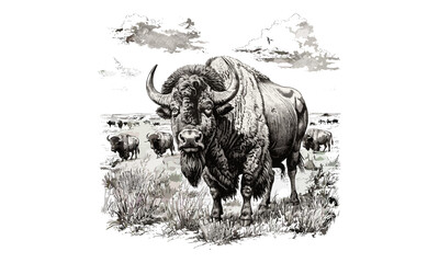 Vintage Mammal Etching, Antique Engraving of Buffalo Herd, Monochrome Wildlife Line Art, Rustic Nature Print, Detailed Animal Sketch, Black Fauna Illustration