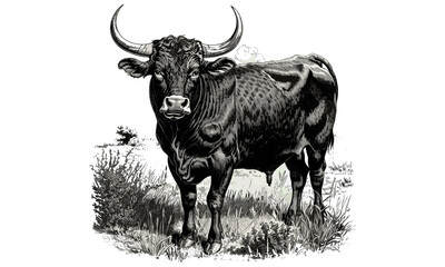 Antique Bull Engraving in Field, Monochrome Wildlife Etching, Rustic Nature Illustration, Vintage Farm Sketch, Detailed Animal Line Art, Old Engraving Style, Trendy Fauna Drawing.