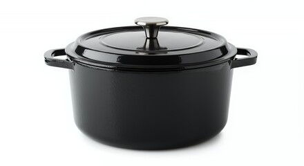 Realistic Black Enameled Cast Iron Dutch Oven with Glossy Finish Isolated on White Background