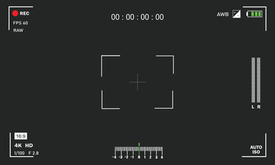 Camera viewfinder. Viewfinder camera recording. Video screen, camera frame vector template. Black lines and text, rec icon with information and timing on black background.
