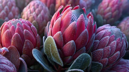 Stunning Close-Up of Frost-Covered Protea Flowers in Vibrant Pink and Green Hue Set Against a Soft Background