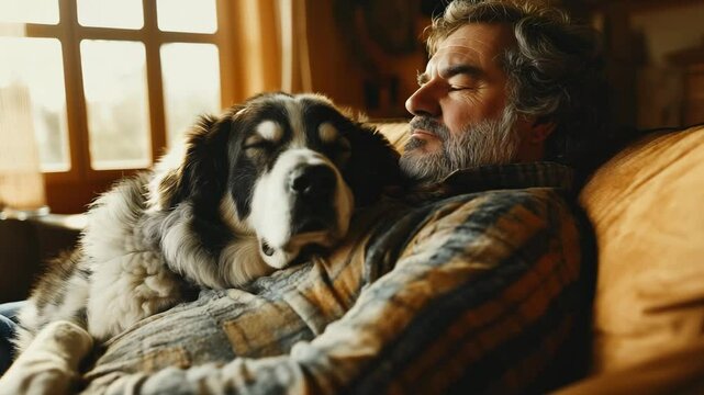 A man sits on a couch with his dog resting against him, both enjoying a peaceful afternoon in a warm cabin