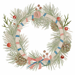 Fototapeta premium Festive Christmas Wreath Illustration Featuring Pine Branches, Pinecones, Red Berries, and a Candy Cane Garland Decorated with Pink and Blue Bows, Symbolizing Holiday Cheer and Tradition