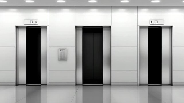 Three elevators stand in a modern building lobby showcasing a sleek design with minimalistic features and bright lighting