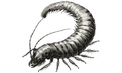 Centipede vintage sketch, antique insect engraving, monochrome wildlife drawing, hand-drawn natural illustration, retro biology artwork, old scientific art, educational vintage poster