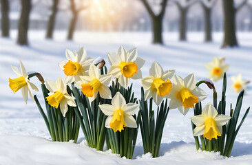 Fototapeta premium daffodils in snow background
