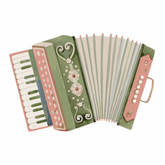 Vintage Accordion Illustration with Floral and Swirl Ornamentation in Pastel Colors, Representing Classic Folk Music and Traditional Cultural Heritage Themes