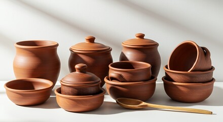 Rustic Terracotta Cookware Collection with Wooden Spoon Isolated on White Background