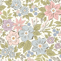Cute floral pattern in small flowers. Small blue and lilac hand drawn roses flowers. White background. Ditsy print. Floral seamless background. Template with flowers for fashion prints. Stock pattern.