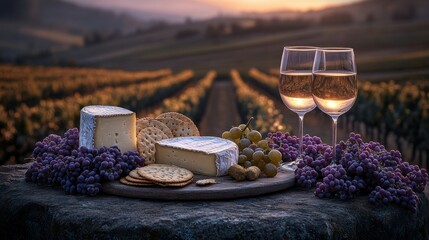 Sunset vineyard, cheese and wine platter