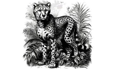 Vintage Cheetah Engraving in Jungle, Antique Wildlife Etching, Rustic Wild Cat Line Art, Retro Safari Drawing, Black Sketch Illustration, Monochrome Nature Print, jungle animal art,