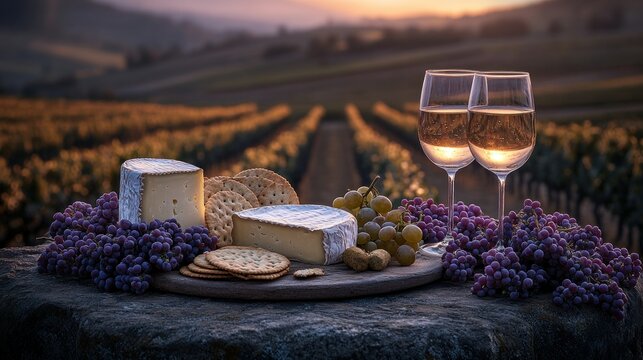 Sunset vineyard, cheese and wine platter