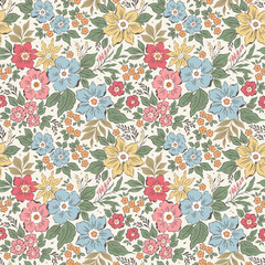 Vintage seamless floral pattern. Liberty style background of small pale colorful flowers. Small flowers scattered over white background. Stock vector for printing on surfaces. Realistic cute flowers