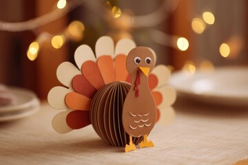 A cute paper turkey centerpiece with colorful feathers sits on a festive table, with warm bokeh lights in the background.