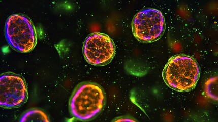 Fototapeta premium A vibrant, colorful, and detailed microscopic view of a cluster of cells, possibly from a stem cell or a similar biological sample