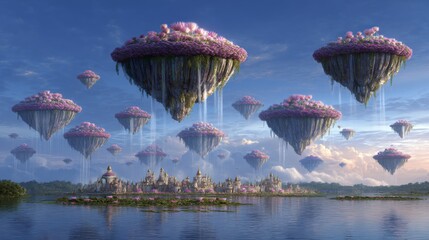 Floating Islands with Colorful Flowers Over a Serene Lake Reflecting a Fantasy City Beneath a Bright Blue Sky