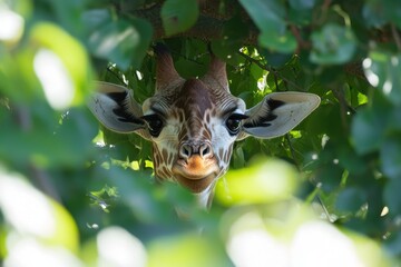 Obraz premium Curious giraffe peeks through vibrant leaves in a sunny natural habitat, Giraffe peeking through leaves with curious expression