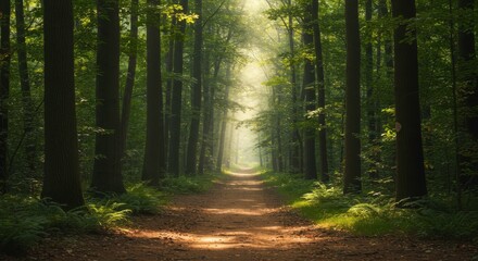 Obraz premium Serene Forest Path Sunlit Trail Through Lush Green Trees Magical Woodland Scene