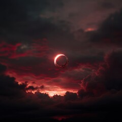 Obraz premium Ornamental ring floating in a dramatic red sky with dark clouds, artistic fantasy scene, eye-level shot, surreal
