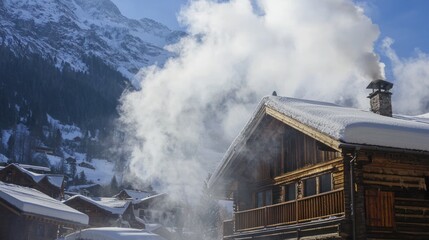 A traditional wooden chalet in an alpine village, with smoke rising from its chimney