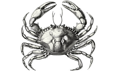 Antique engraving of crab with claws raised, vintage ocean wildlife sketch, hand-drawn crustacean print, marine invertebrate illustration, black nautical decor art