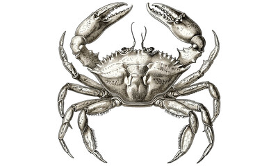 Vintage black sketch of crab with claws raised, antique engraving style, marine invertebrate illustration, ocean wildlife sketch, hand-drawn crustacean print
