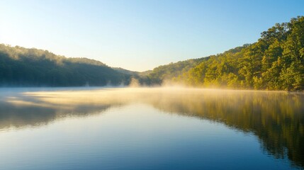 Fototapeta premium A tranquil mountain lake at sunrise, with mist hovering over the water