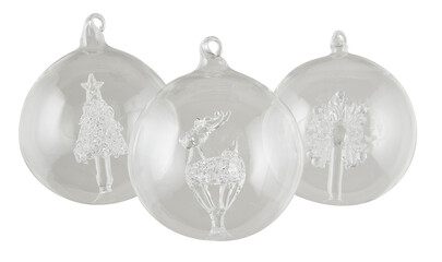 Set of clear glass balls, Christmas decorations cut out isolated transparent background