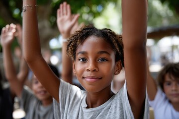 A joyous moment captured as a group of children raise their hands enthusiastically, embodying curiosity and eagerness to participate in a lively classroom environment.