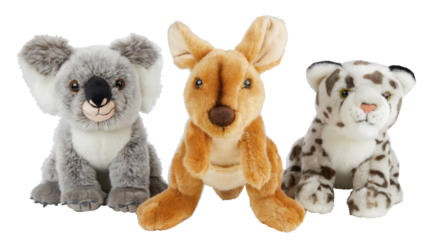 Koala, kangaroo and tiger dolls sitting on the ground cut out isolated transparent background