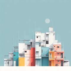 Minimalist depiction of stacked architecture against a serene, pastel blue sky