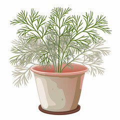 Obraz premium Illustration of a Lush Dill Plant in a Clay Pot Symbolizing Culinary Freshness and Herbal Growth Indoors, Ideal for Kitchen Gardens and Home Décor Enthusiasts
