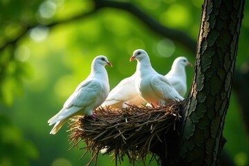 Obraz premium Several white pigeons roosting in a tree's crown , freedom, sky