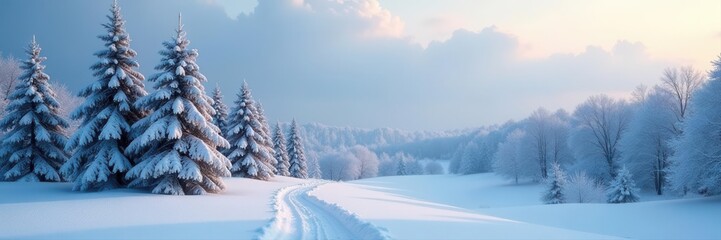 Snow-dusted pines, frosted branches, deep snow drifts , illustration, christmas, Winter