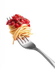 Spaghetti with tomato sauce on a fork close up studio shot against white background Italian cuisine food photography