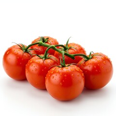 Tomatoes on the vine, ripe and red with droplets of water, isolated on a clean white background