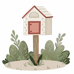 Whimsical illustration of a charming mailbox shaped like a cottage surrounded by lush greenery, symbolizing quaint countryside living and simple communication.