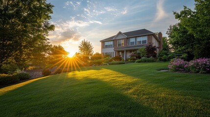 Sunset illuminates a beautiful suburban home with lush green lawn and vibrant landscaping.
