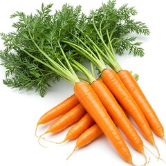 Fresh, organic orange carrots with green leaves are isolated on a white background