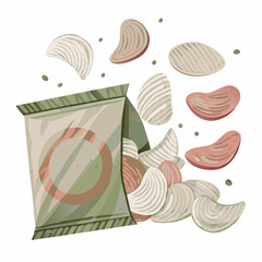 Dynamic splash of potato chips flying from an open pack, capturing the essence of snacking with vibrant colors and motion, symbolizing fun and spontaneous enjoyment.