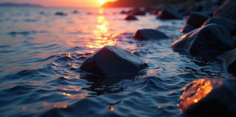 Throwing rocks creates expanding ripples, dusk light highlights texture , dark, light, dusk