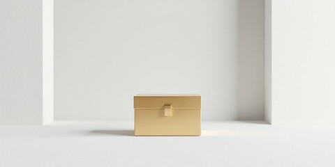 A Minimalist Golden Box on a White Surface Within a Simple Architectural Niche