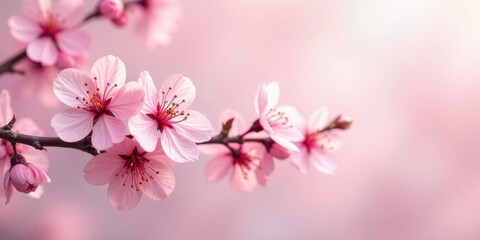 Delicate Pink Blossoms on a Branch, Softly Illuminated by Natural Light, Showing Vibrant Petals and Delicate Stamens