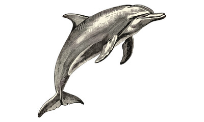 Antique Dolphin Swimming Print, Monochrome Marine Mammal Art, Vintage Ocean Creature Etching, Rustic Fauna Drawing, Nautical Animal Illustration,