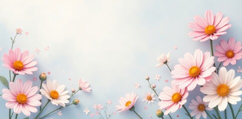 Delicate Pink Daisies Arranged on a Light Blue Background, Creating a Serene and Elegant Floral Composition Perfect for Invitations or Greeting Cards